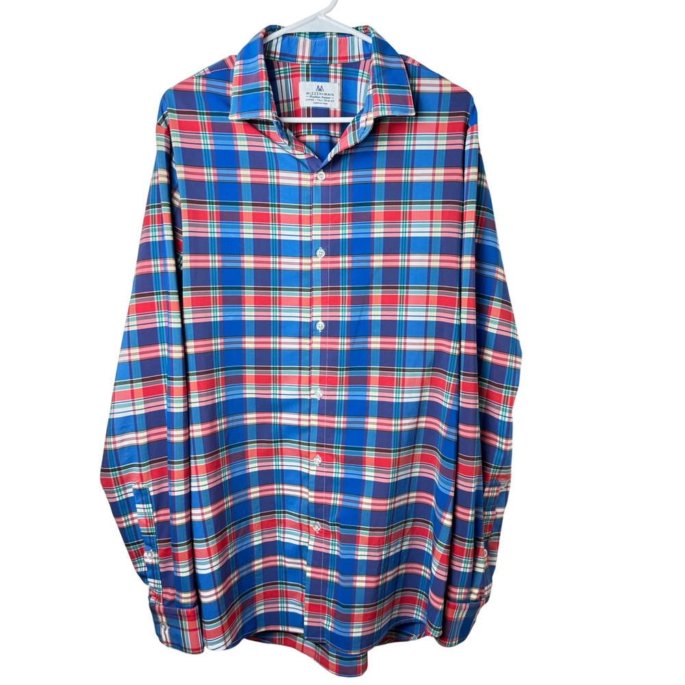 Mizzen+Main Button Down L Blue Plaid Tall Trim Fit American Made Performance